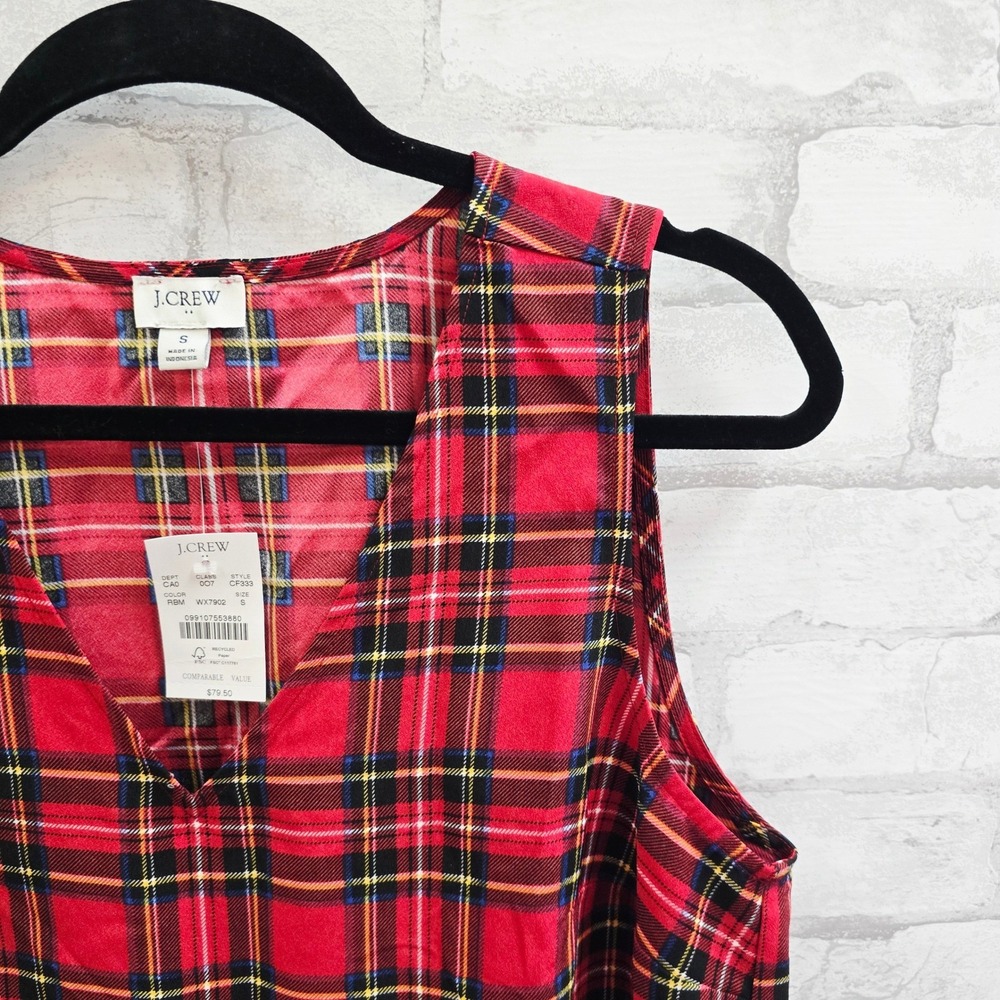 NWT J.Crew Womens Red Stewart Plaid V-Neck Sleeveless Shell Top Size S - Picture 2 of 7